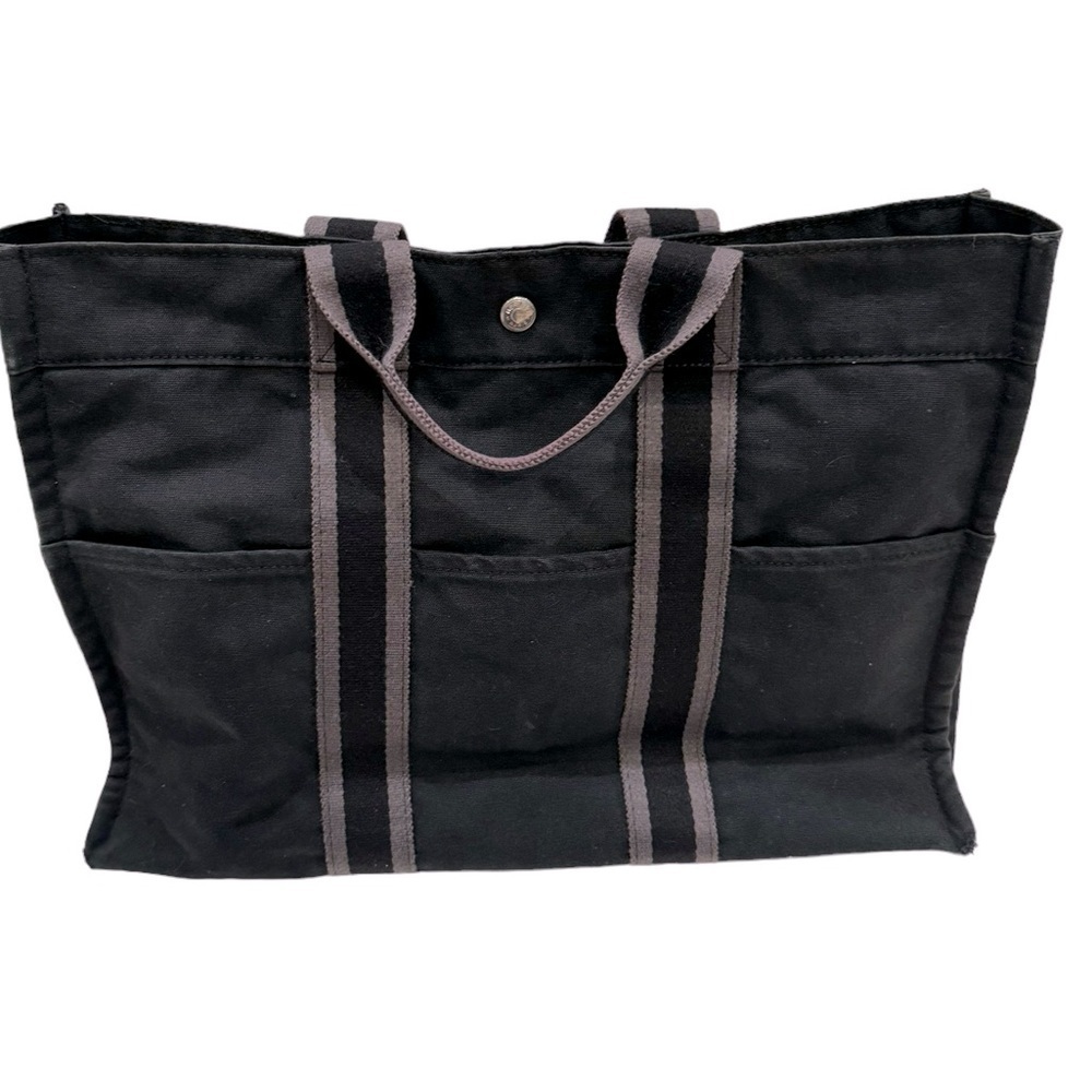 Hermes black and gray canvas tote